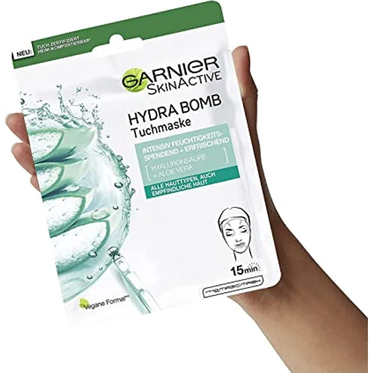 Garnier Tuchmaske, Gesichtsmaske für alle Hauttypen, Erfrischend und feuchtigkeitsspendend, Mit Hyaluronsäure und Aloe Vera, Hydra Bomb, 28 g – Bild 4