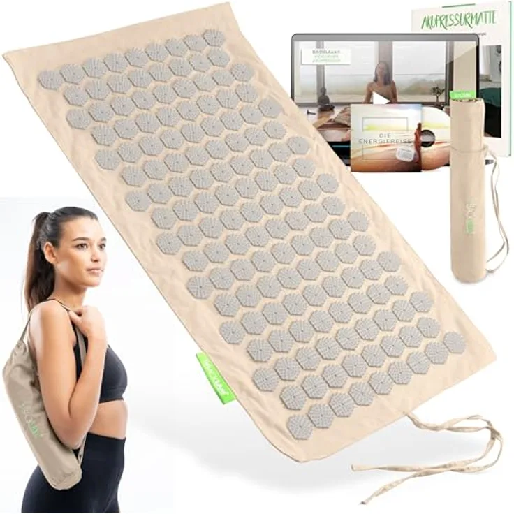 BACKLAxx® Akupressurmatte Set To-Go "Original", 6.960 Spitzen, umweltfreundliches Halbleinen, Kokosfaserfüllung und Naturlatex-Kissen