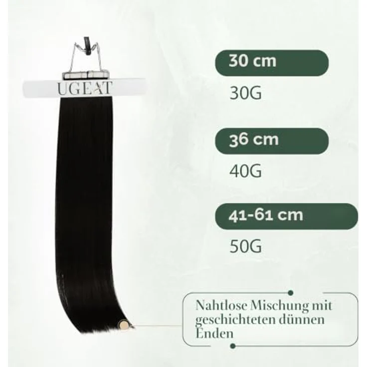 Ugeat Invisible Tape Extensions Echthaar, Dunkelbraun 35 cm, 40g, 20 Stück, Remy-Echthaar, wiederverwendbar – Bild 2
