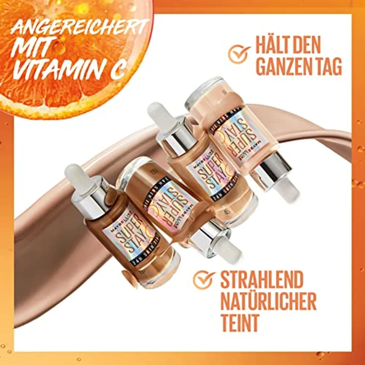 Maybelline Super Stay 24H Skin Tint Foundation, 30 ml, leichte bis mittlere Deckkraft, pflegt mit Vitamin C, Farbe IVORY – Bild 3