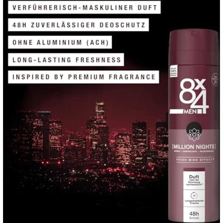 8X4 Men Million Nights Deospray, Deo ohne Aluminium (ACH) mit 48h Schutz und orientalischem Duft, 150 ml – Bild 2