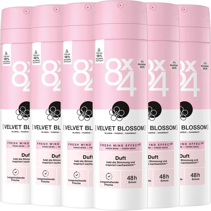 Beiersdorf 8x4 Deodorant VELVET BLOSSOM, fruchtig-floraler Duft mit Mandarine und Jasmin, 6 x 150ml, 48h Schutz