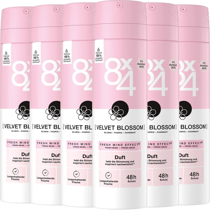 Beiersdorf 8x4 Deodorant VELVET BLOSSOM, fruchtig-floraler Duft mit Mandarine und Jasmin, 6 x 150ml, 48h Schutz