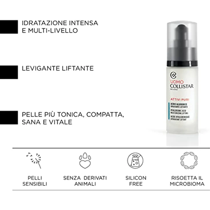Collistar Attivi Puri feuchtigkeitsspendendes Lifting-Hyaluronsäure für Männer, Anti-Falten-Serum mit glättender Wirkung, tägliche Anwendung, 30ml – Bild 4