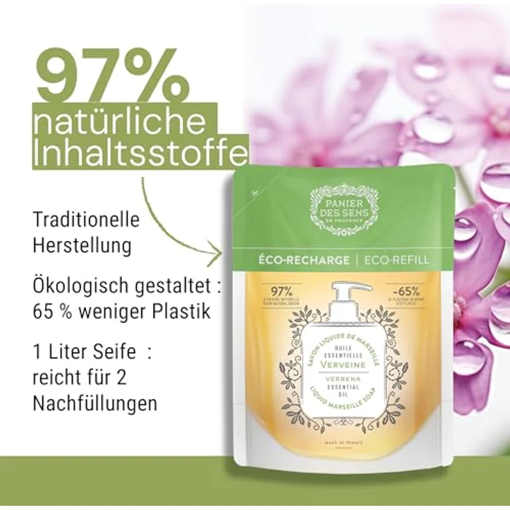 Panier des Sens Marseiller Flüssige Handseife Nachfüller Verbene, 97% natürliche Inhaltsstoffe, feuchtigkeitsspendend mit Kokosnussöl, 2x500 ml – Bild 5