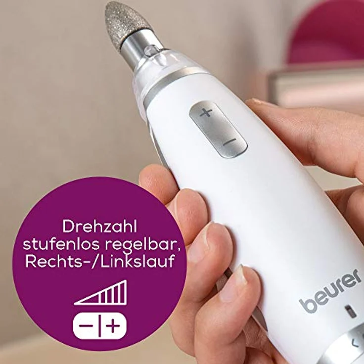 Beurer MP 62 Maniküre-/ Pediküre-Set, elektrische Nagelfeile mit 10 hochwertigen Nagelpflege-Aufsätzen, LED Licht, Nagelfräser mit stufenloser Geschwindigkeitsregelung, mit Aufbewahrungstasche, Weiß – Bild 5