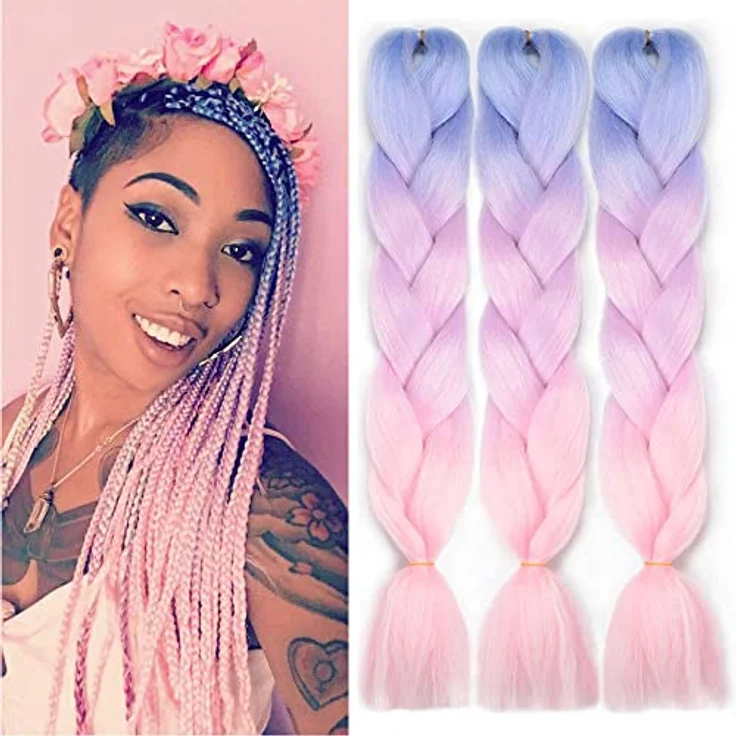 Shangxiu 3 Packs Kunsthaar zum Einflechten, Jumbo Braids Extension 24", Ombre Synthetisches Flechthaar in Blau/Hellviolett/Rosa – Bild 1