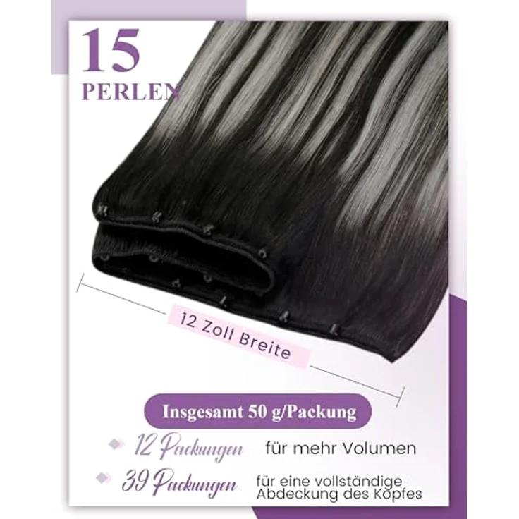 LaaVoo Microweft Extensions Echthaar Balayage Schwarz, EZE Weft 50g, Ombre Silber, 12" Width, 45cm – Bild 2