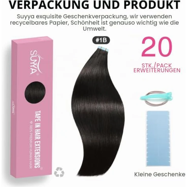 SUYYA Tape Extensions Echthaar 16 Zoll 40 cm, #1B Natürliches Schwarz, Remy Haar mit professionellem blauen Kleber – Bild 2