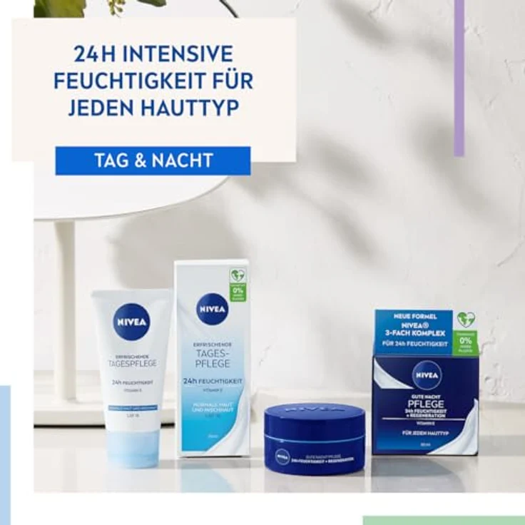 NIVEA Gute Nacht Pflege 24h Feuchtigkeit + Regeneration (50 ml), leichte Nachtpflege für intensive Feuchtigkeit, Nachtcreme mit Vitamin E, Provitamin B5 und Wasserlilienextrakt, Gesichtscreme mit veganer Formel, 0% Mikroplastik, recyclebarer Tiegel – Bild 4