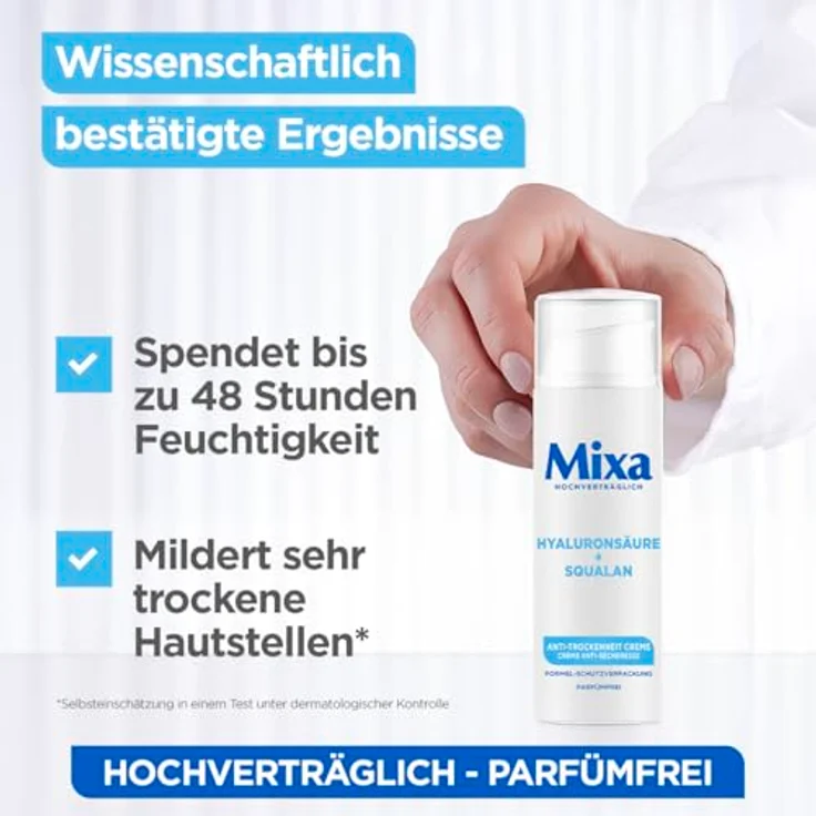 Mixa Anti-Trockenheit Creme, Gesichtscreme für trockene, empfindliche Haut mit Hyaluronsäure und Squalan, 50 ml – Bild 4