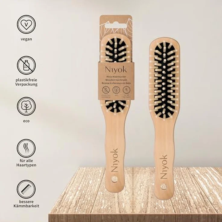 Niyok® Längliche Holz-Haarbürste • Natur Holz Bürste mit Holznoppen • Holzbürste für alle Haartypen • Nachhaltige Haarbürste aus Buchenholz • Vegan, nachhaltig & plastikfrei – Bild 3