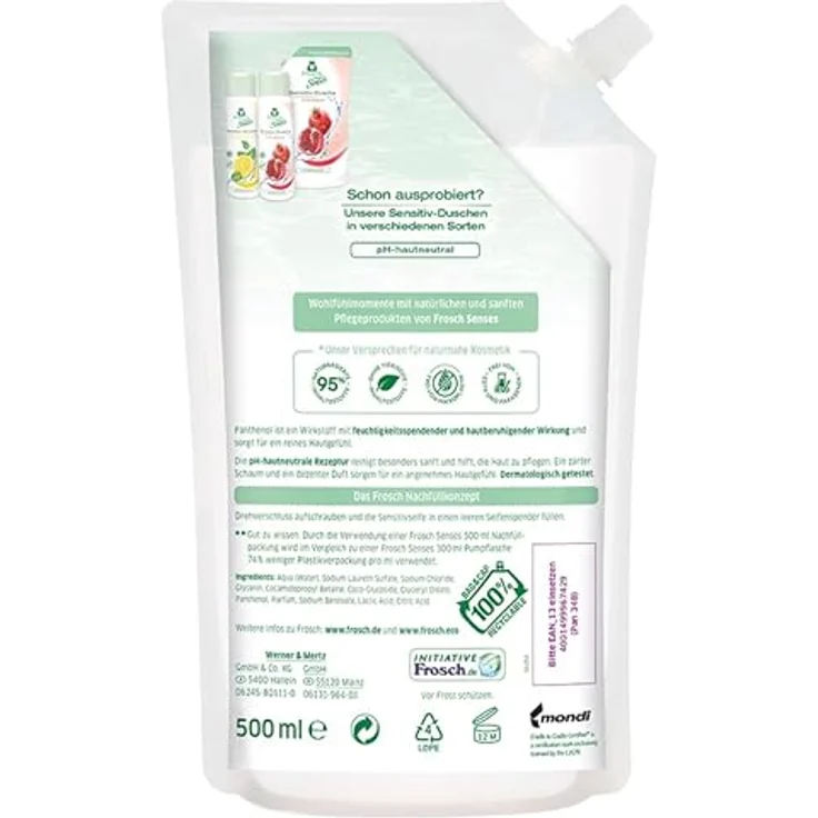 FROSCH Flüssigseife Panthenol, Nachfüllpack für empfindliche Haut, rückfettend, hypoallergen, vegan, 500 ml, weiß – Bild 2