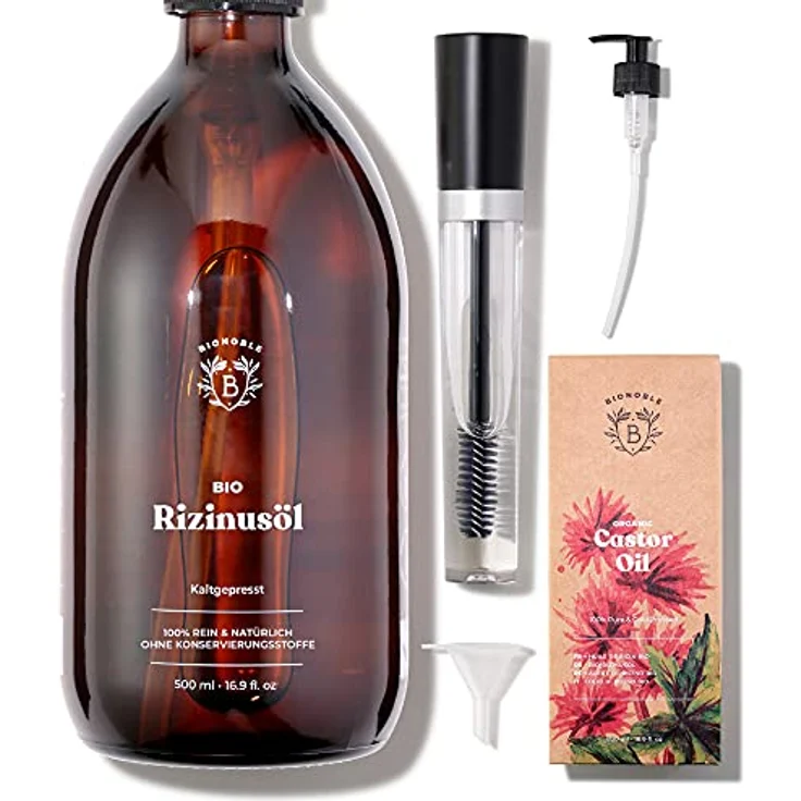 Bionoble Rizinusöl Bio 500ml - 100% Rein, Natürlich und Kaltgepresst - Wimpern, Augenbrauen, Haare, Bart, Nägel - Vegan und Cruelty Free - Castor Oil - Glasflasche + Pumpe + Mascara Kit – Bild 1