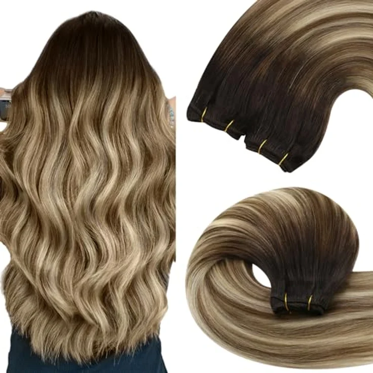 YoungSee Haarverlängerung, 35,6 cm Echthaar mit Balayage, dunkelbraun/mittelbraun, 100 g, für kurzes Haar, verwicklungsresistent, sicherer Halt – Bild 1