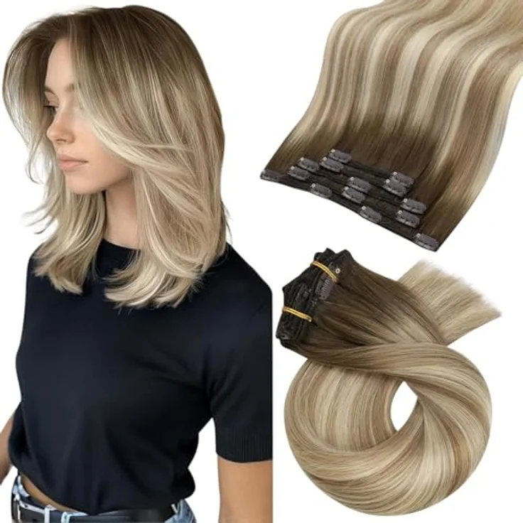Moresoo Clip in Extensions Echthaar, 35 cm, 80g, #3/8/22 Braun bis Kastanienbraun mit Mittelblond, leicht zu tragen, seidig und glatt – Bild 1