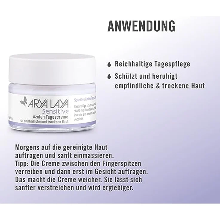 Arya Laya Sensitive Azulen Tagescreme, 50 ml: Hautausgleich bei Rötungen, Juckreiz & Entzündungen, für empfindliche Haut, beruhigender Mandelduft – Bild 3