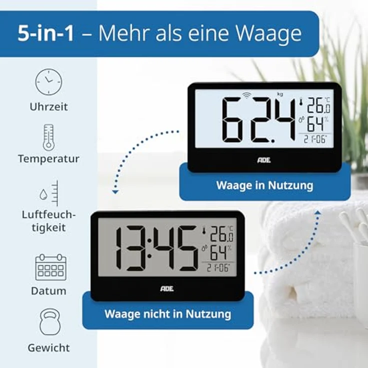 ADE Digitale Personenwaage Ronja mit Funk-Display bis 180 kg, ablesbar auf Augenhöhe, ideal für Senioren, mit Baduhr, Hygrometer und Innenthermometer, schwarz – Bild 4