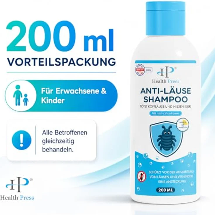 Health Press Anti-Läuse Shampoo, 200ml Vorteilspackung mit Applikatorflasche und Läusekamm, kokosextraktbasiert – Bild 2