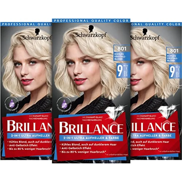Brillance 2-in-1 Ultra Aufheller (3 x 160 ml), blonde Haarfarbe mit ultra-kühlen Reflexen, Coloration für bis zu 9 Stufen Aufhellung, Kühles Kristallblond, 1 Stück (3er Pack)