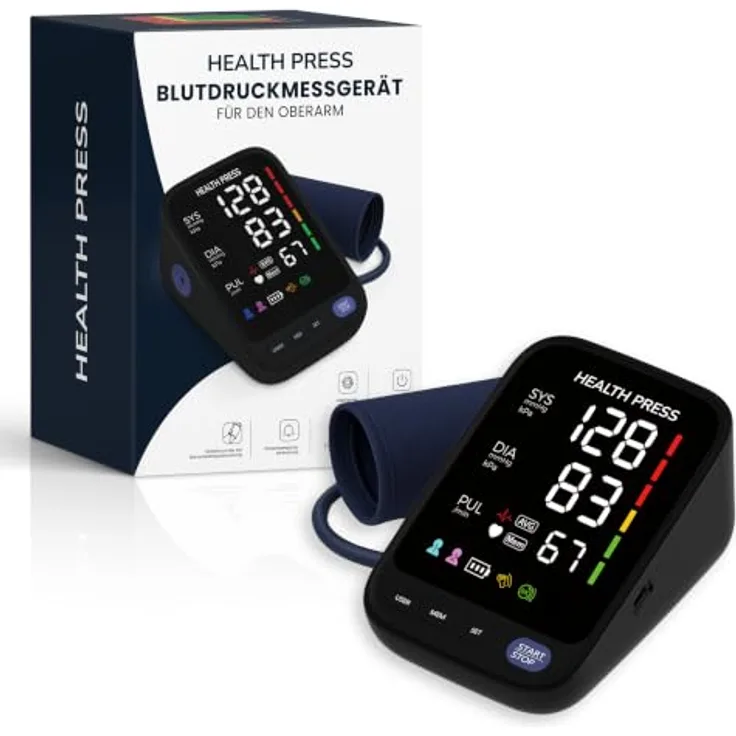 Health Press Blutdruckmessgerät Oberarm, Präzise Blutdruckmessung, großes LED-Display, Speicher für 2 Personen, Herzrhythmus-Erkennung