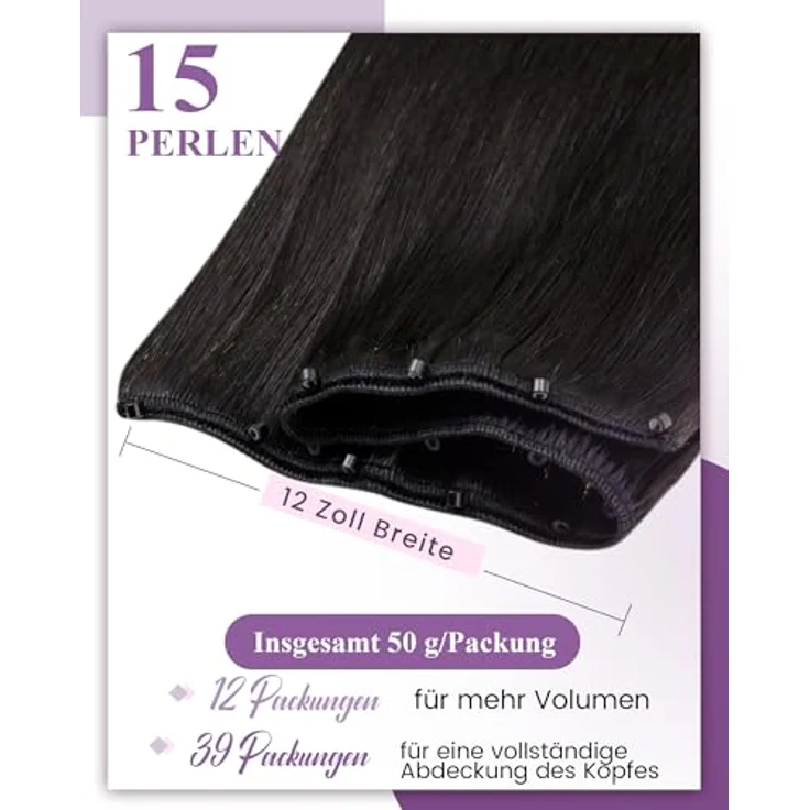 LaaVoo Micro Tressen Extensions Echthaar #1b, 40cm, 50g, Easy Fit EZE Weft Haarverlängerung mit Remy Echthaar und Mikroperlen – Bild 2