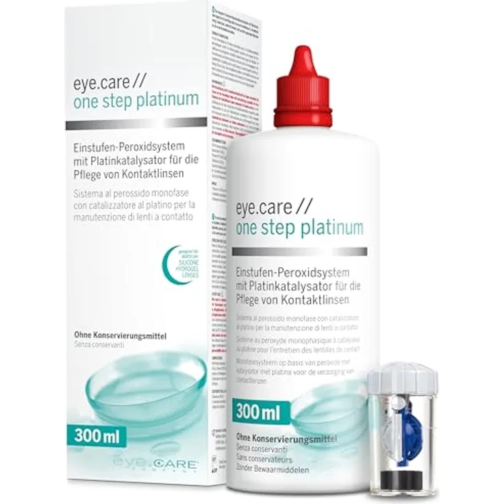 EYE CARE COMPANY Eye.care platinum solution Peroxidreiniger mit Platinkatalysator, 300 ml, ohne Konservierungsmittel für weiche und harte Kontaktlinsen, inklusive Behälter