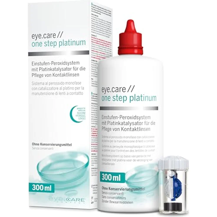 EYE CARE COMPANY Eye.care platinum solution Peroxidreiniger mit Platinkatalysator, 300 ml, ohne Konservierungsmittel für weiche und harte Kontaktlinsen, inklusive Behälter – Bild 1