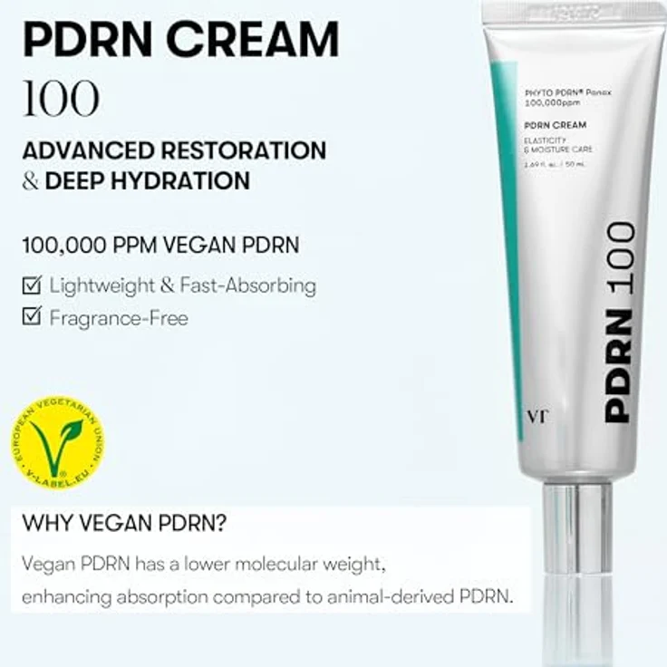 VT COSMETICS PDRN 100 Gesichtscreme, feuchtigkeitsspendend mit Azulen, unparfümiert, 50ml, leichte nicht fettende Formel für Tag- und Nachtpflege – Bild 2