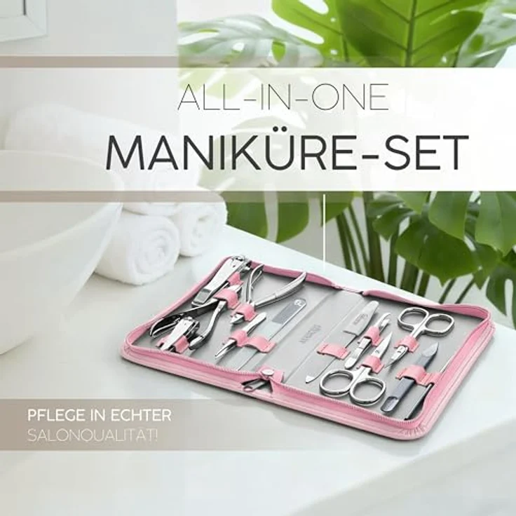 marQus Solingen Maniküre Pediküre Set 12 Teile im Echt Leder Etui, Komplett Kit für Hand- und Fußpflege, Nagelset Rosa, Made in Germany – Bild 2