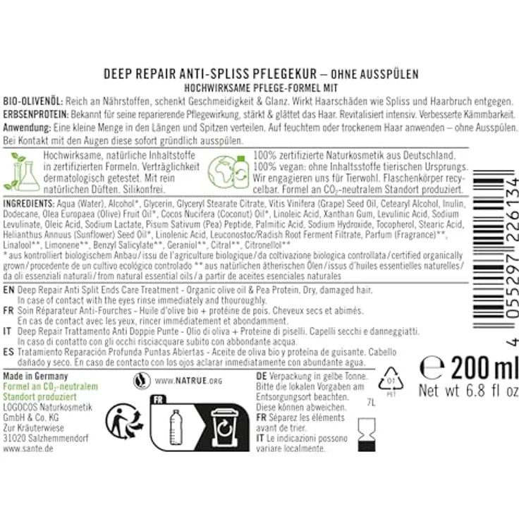 SANTE Naturkosmetik Deep Repair Anti Spliss Pflegekur Olive + Erbsenprotein, vegane Haarkur ohne Ausspülen, repariert strapaziertes Haar, für geschmeidiges und gestärktes Haar, 200 ml – Bild 2