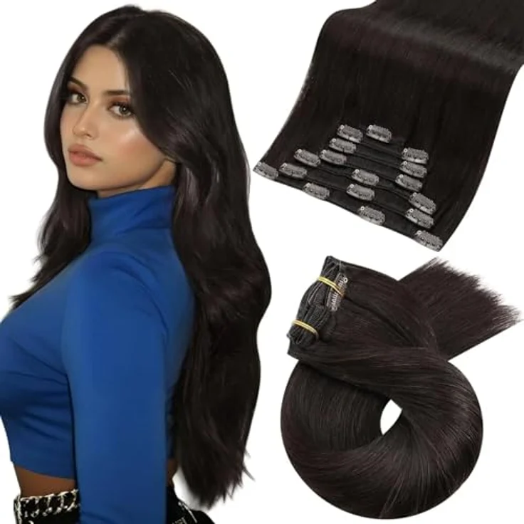 Moresoo Clip in Extensions, 45 cm Echthaar, 7 Stück, 120 g, leicht zu tragen, in verschiedenen Farbabstimmungen – Bild 1