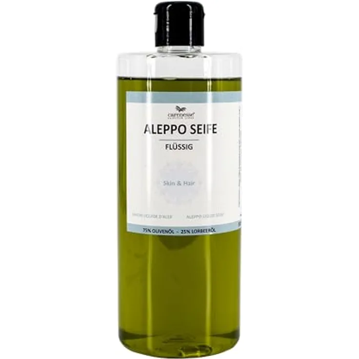 Carenesse Flüssig Seife "Aleppo", 75% Olivenöl + 25% Lorbeeröl, 500 ml, 100% natürlich und hautfreundlich