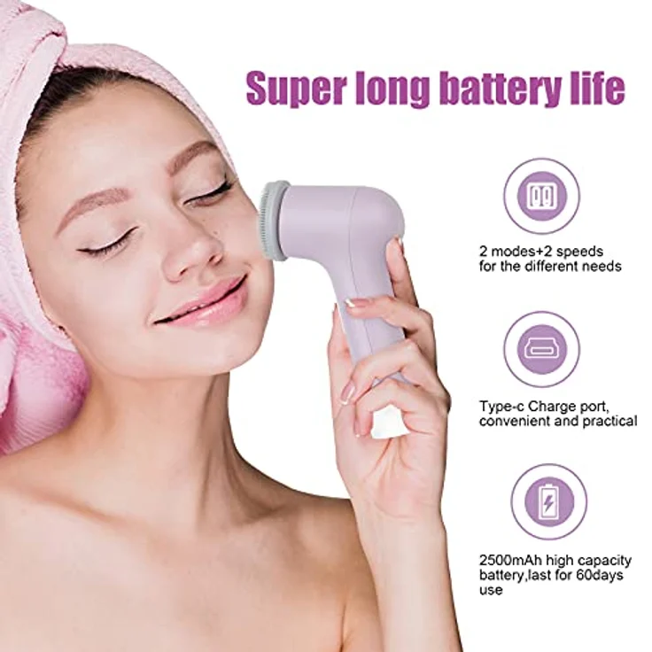 MYCARBON Elektrische Gesichtsreinigungsbürste, IPX7 wasserdicht, wiederaufladbar mit 2500mAh Akku, 2x360° Bürstenkopf für alle Hauttypen, Violett – Bild 5