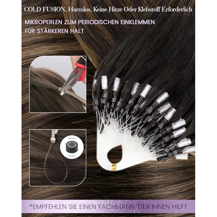 LaaVoo Microring Extensions Echthaar Braun Balayage, 40 cm, 50 g, Dunkelbraun mit Hellbraun, Remy Haar, wiederverwendbar, hitzestyling-fähig, #2/8/2 – Bild 3