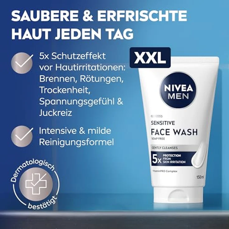 NIVEA MEN Sensitive Face Wash, sanftes Reinigungsgel mit Vitamin PRO Komplex, 150 ml zur Beruhigung empfindlicher Männerhaut – Bild 2
