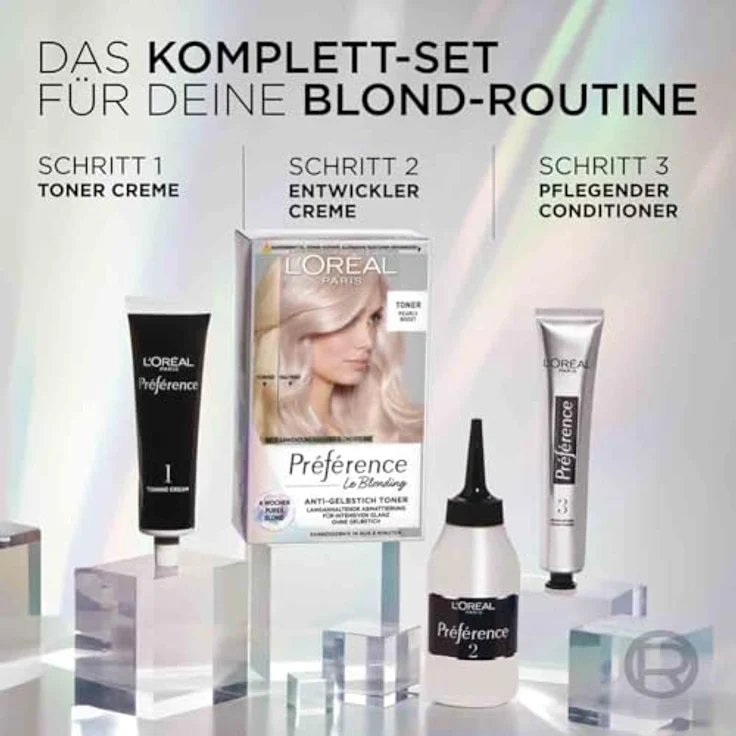 L’Oréal Paris Préférence Le Blonding Toner 02 Pearly Boost, Anti-Gelbstich Toner mit 5 Minuten Farbergebnis, 60ml Creme und Entwickler-Creme – Bild 3