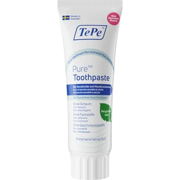 TePe Pure Zahnpasta, schaumfreie Zahnpasta ohne Geschmack für empfindliches Zahnfleisch, 75 ml