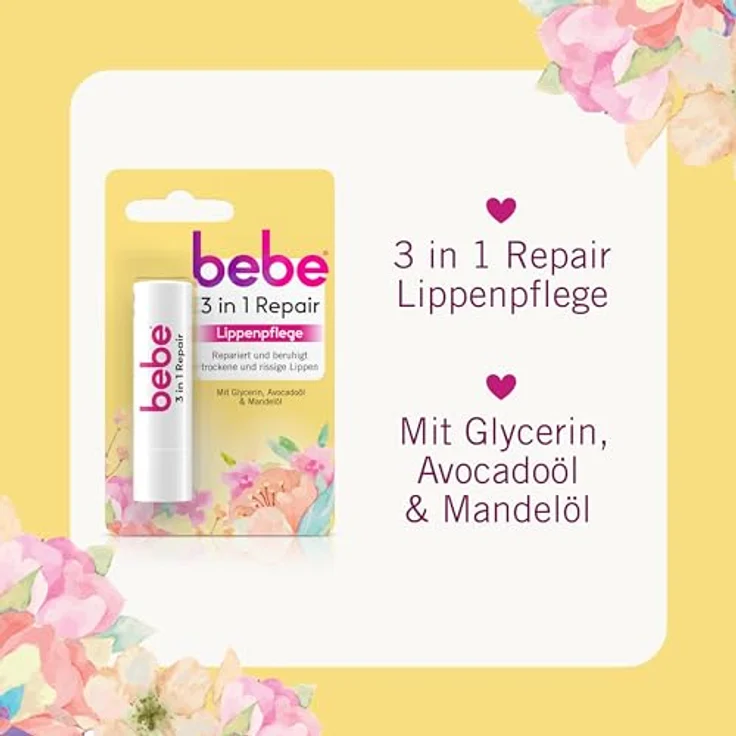 bebe 3in1 Repair Lippenpflege mit Glycerin, Avocadoöl & Mandelöl, repariert und beruhigt trockene & rissige Lippen, ohne Mineralöle, 12 x 4,9 g – Bild 4