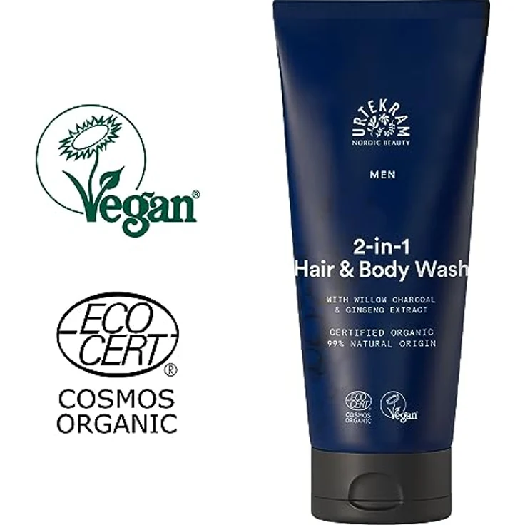 Urtekram Men's 2-in-1 Haar & Körperseife, mit Ginsengextrakt & Bio-Weidekohle, erfrischend & revitalisierend, 200 ml, Vegan, Bio, grau-schwarz – Bild 2