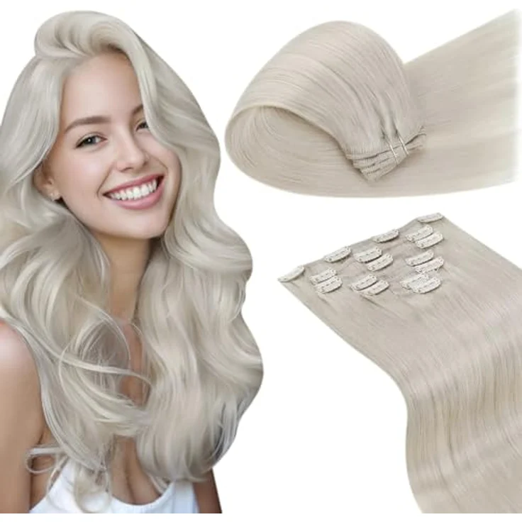 LaaVoo Echthaar Clip in Extensions, Platinblond, 7 Stück, 105g, 45cm, Doppel-Tressen für Volumen – Bild 1