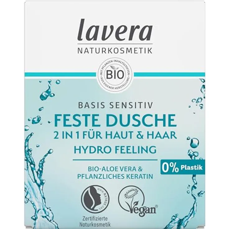 lavera Feste Duschseife Basis Sensitiv - Hydro Feeling 2in1, vegane Körper- und Haarreinigung, 50g