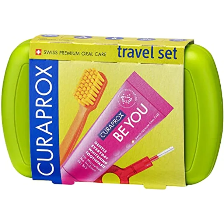 Curaprox Travel Set, Kosmetik-Reiseset für Zähne, Zunge und Zahnfleisch, 10 ml Zahnpasta, grün