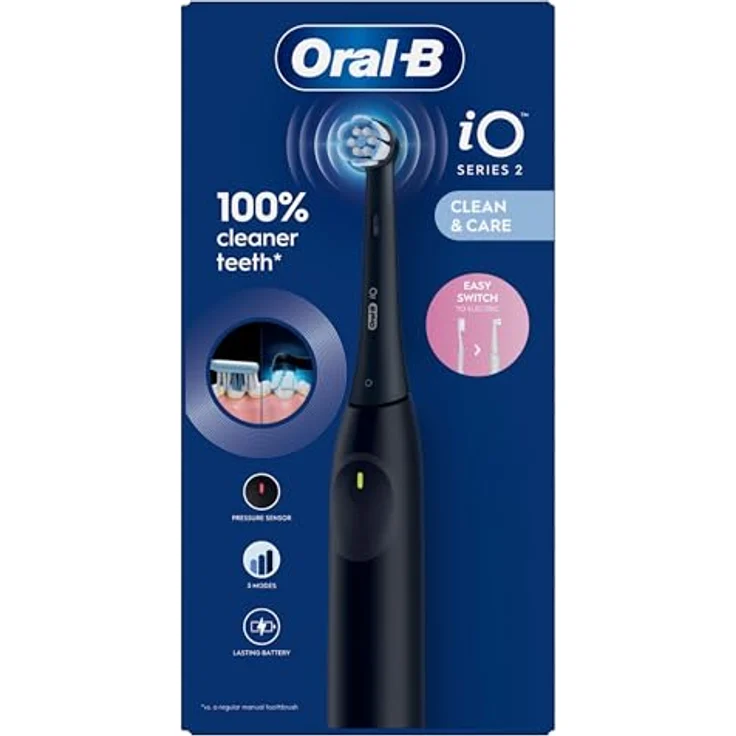 Oral-B iO 2 elektrische Zahnbürste, schwarz, 3 Reinigungsmodi, sanft für das Zahnfleisch, weiche Bürste, Zubehör, Ersatzbürste, Ladegerät – Bild 3