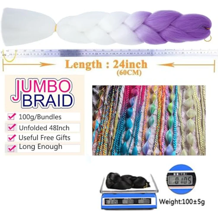 Shangxiu Braid Kunsthaar zum Einflechten, 3 Packs Braids Extensions, 24" lila-weiß, hitzebeständig, Yaki gerade Textur – Bild 5