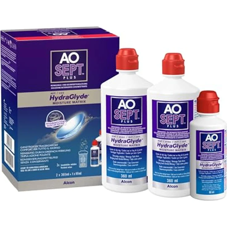 Aosept Plus mit HydraGlyde Kontaktlinsen-Pflegemittel, 2 x 360 ml + 1 x 90 ml, für sichere Desinfektion und langanhaltende Feuchtigkeit – Bild 1