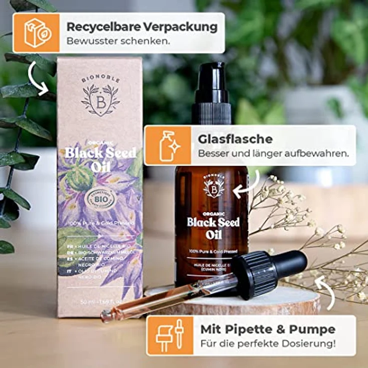 Bionoble Schwarzkümmelöl Bio 50ml - Glasflasche + Pipette + Pumpe - 100% Kaltgepresst und Ungefiltert - Gesicht, Körper, Haare - Ägyptisches Schwarzkümmel Öl - Vegan Organic Black Seed Oil – Bild 4
