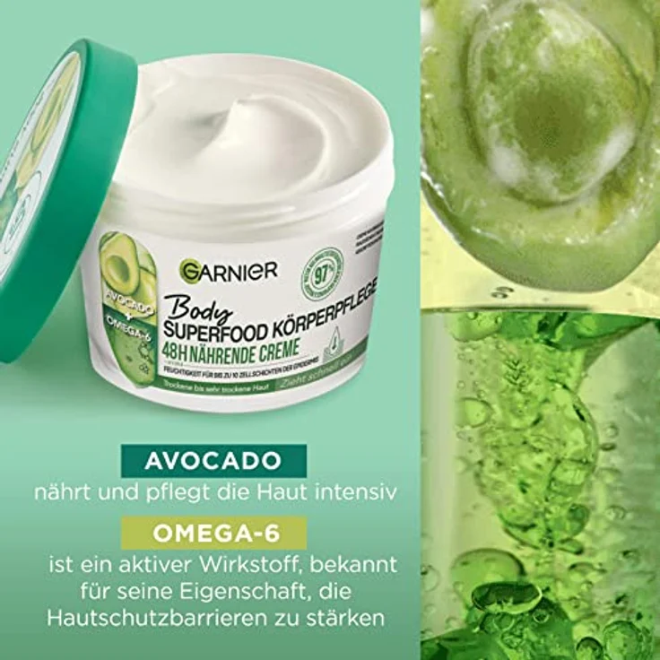 Garnier Nährende Körperpflege für trockene Haut, Body Butter mit Avocado und Omega 6, Für bis zu 48 Stunden Feuchtigkeit, Body Superfood, 1 x 380 ml – Bild 3