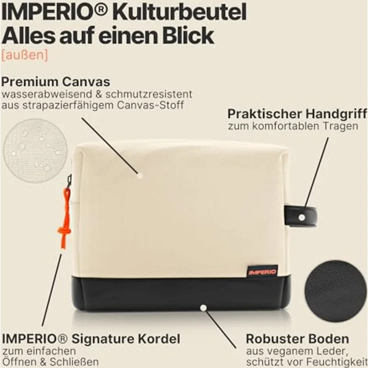IMPERIO Kulturbeutel für Damen, Herren & Kinder, wasserdicht aus strapazierfähigem Premium Canvas & veganem Kunstleder, 5 Liter Stauraum, sandfarben – Bild 3