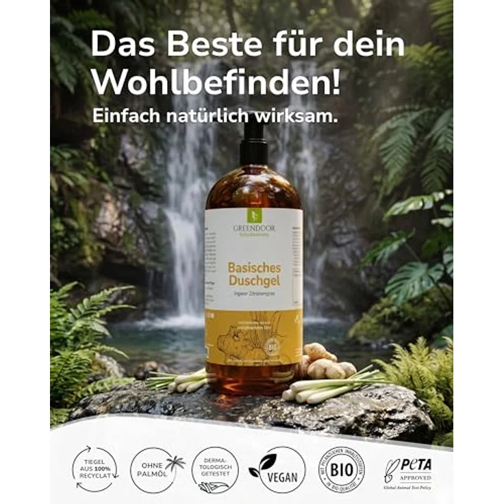 GREENDOOR Basisches Duschgel 500 ml Ingwer Zitronengras, pH 8,5, ohne SLS & Konservierungsstoffe, vegane Naturkosmetik mit Bio-Olivenöl & Bio-Kokosöl – Bild 4